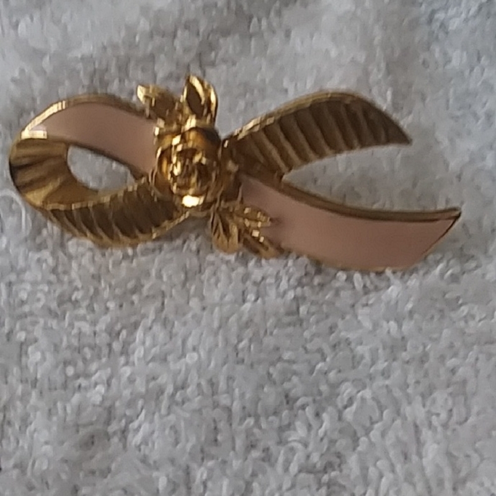 Not Rated Gold and Pink Ribbon Brooch